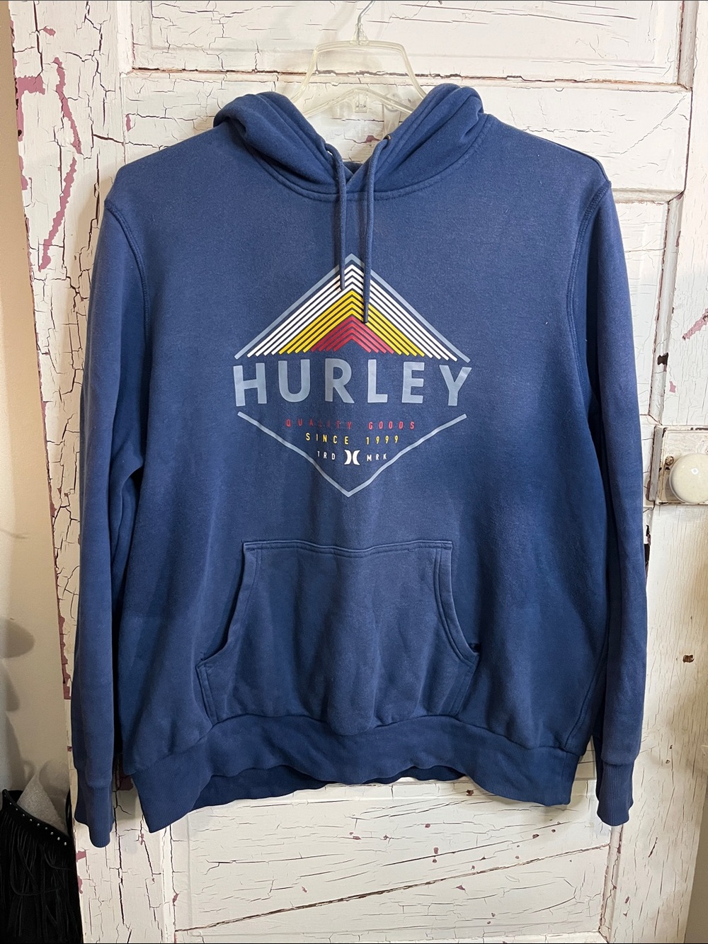Hurley Navy Blue Crewneck Hoodie with Multicolor Geometric Logo XL